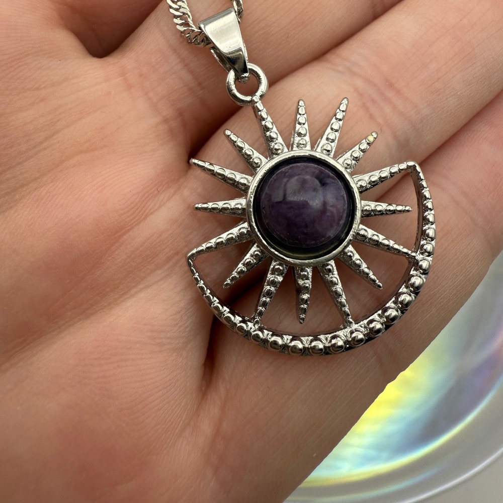 Charoite Sunburst Pendant Necklace Silver Tone‎ Fashion Jewelry Purple Elegant